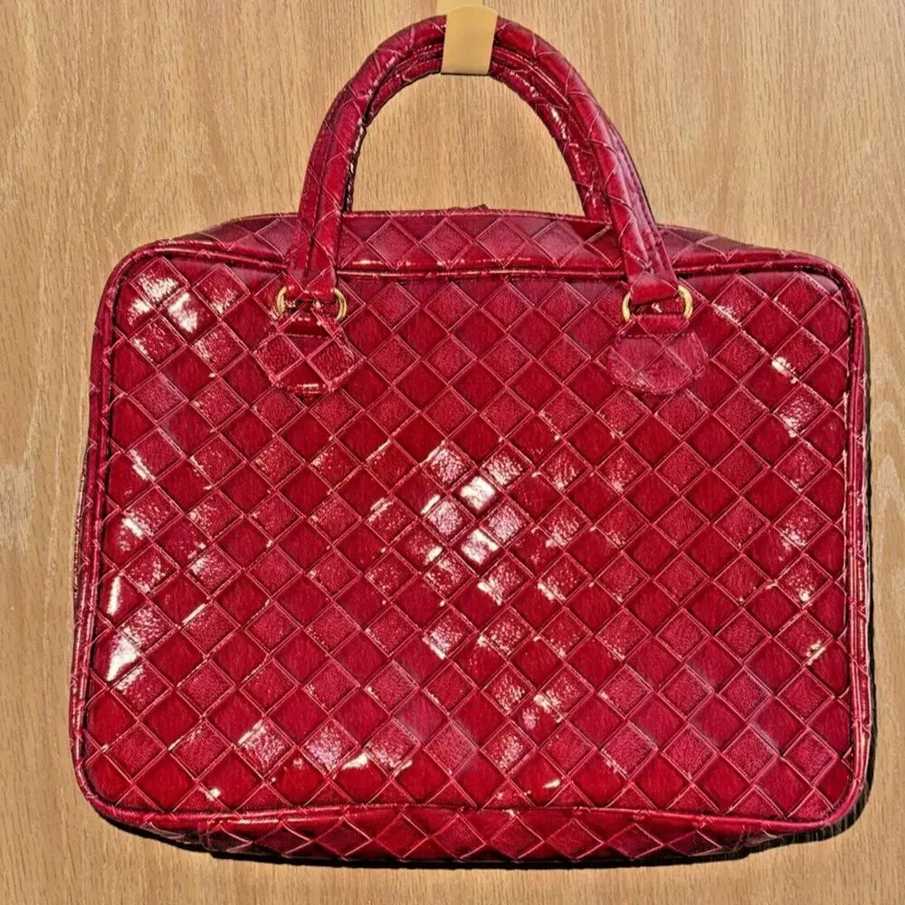 Estee Lauder Red Faux Leather Travel Tote | Quilted Lattice | Dual Handles